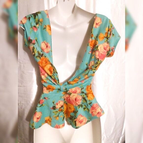 Green Floral Peplum Open Back Knot Short Sleeve Top Shirt M - Picture 2 of 2